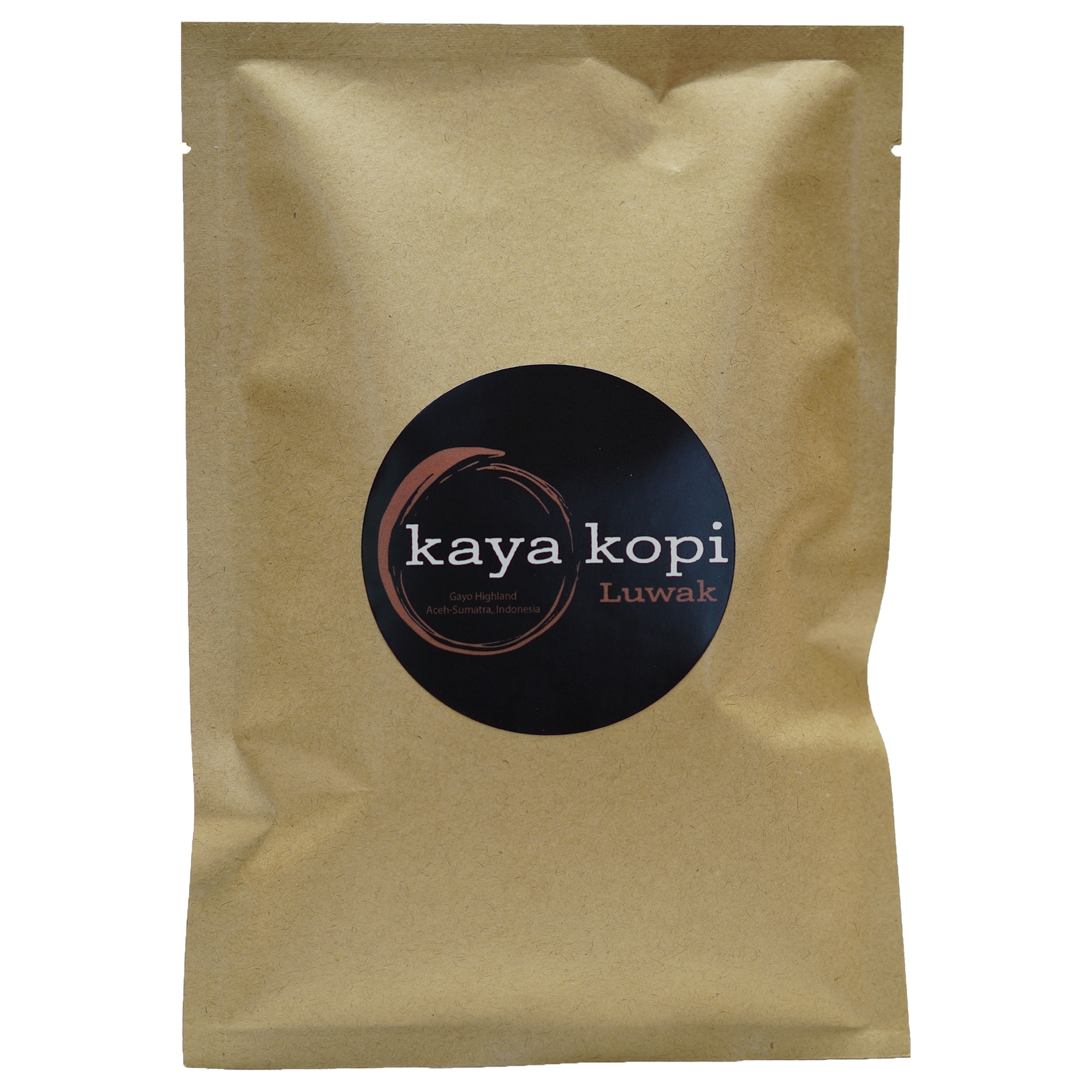 Kraft paper packaging with a 'kaya kopi Luwak' label on a white background