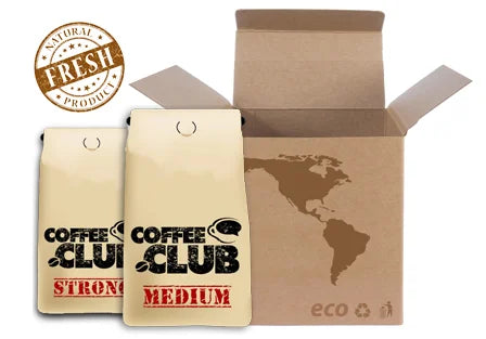 Coffee Club coffee bags with a cardboard box on a white background