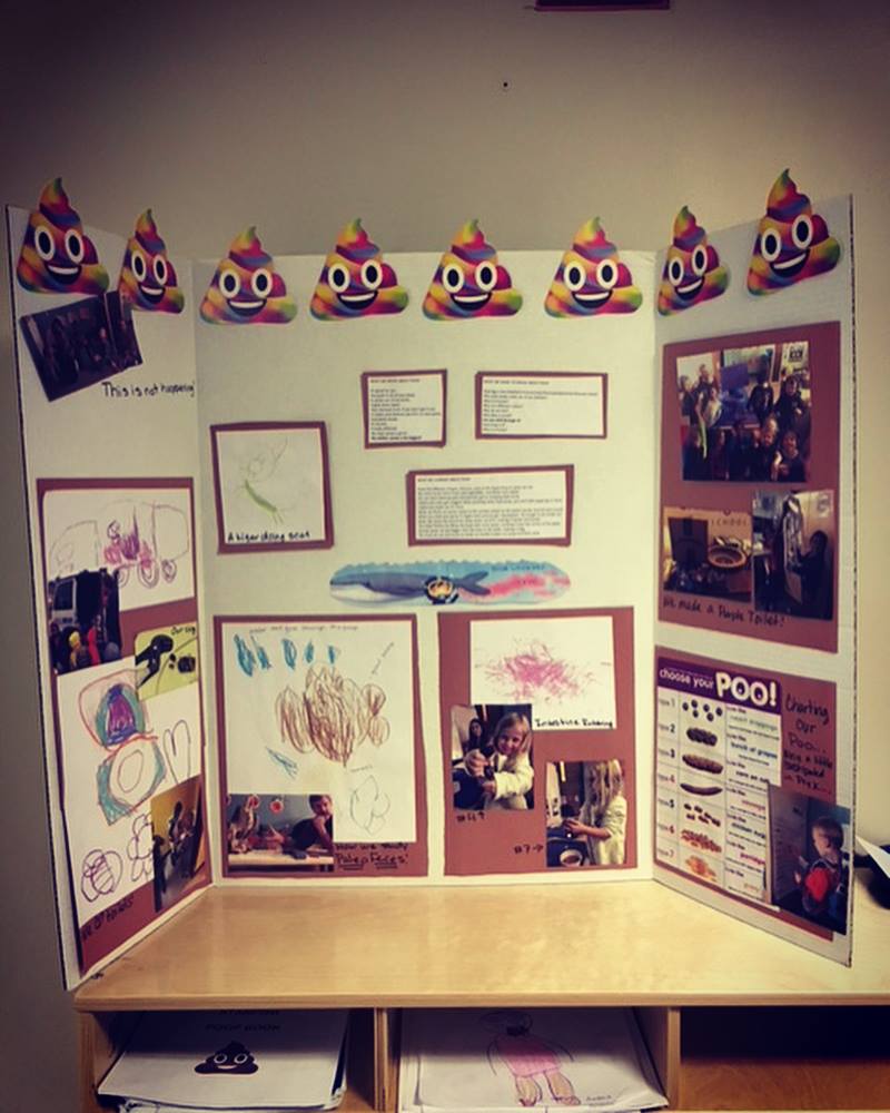 Educational display board with various items and emojis on a white wall.