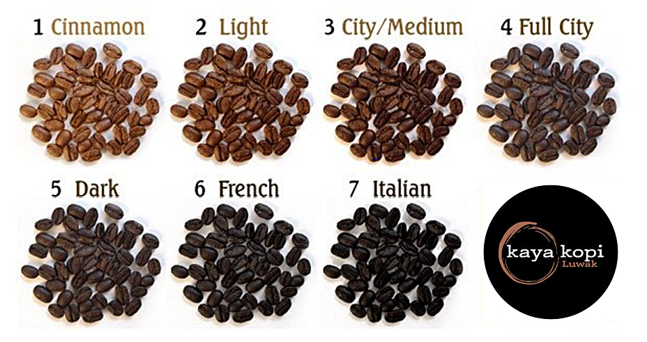 Coffee beans in different roast levels with Kaya Kopi logo.
